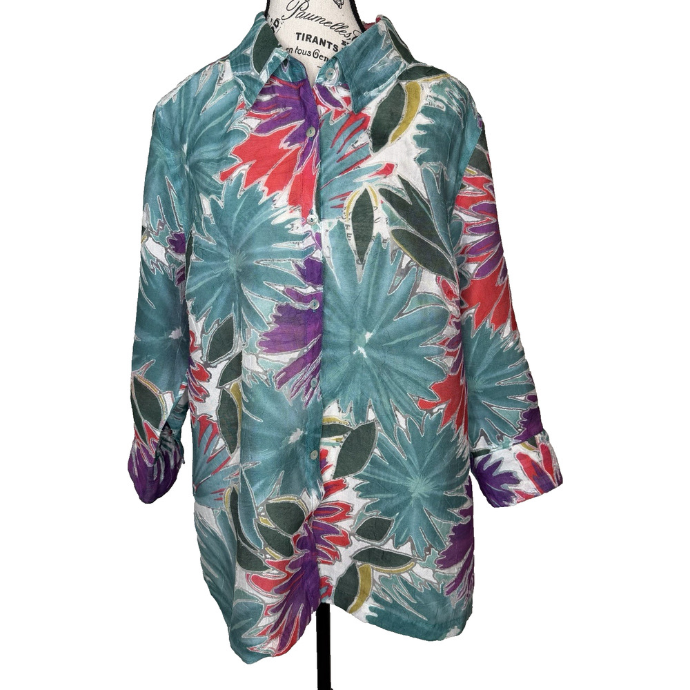 Kim Rogers Women’s Blouse Size XL Collared 3/4 Sleeves Multicolor Floral